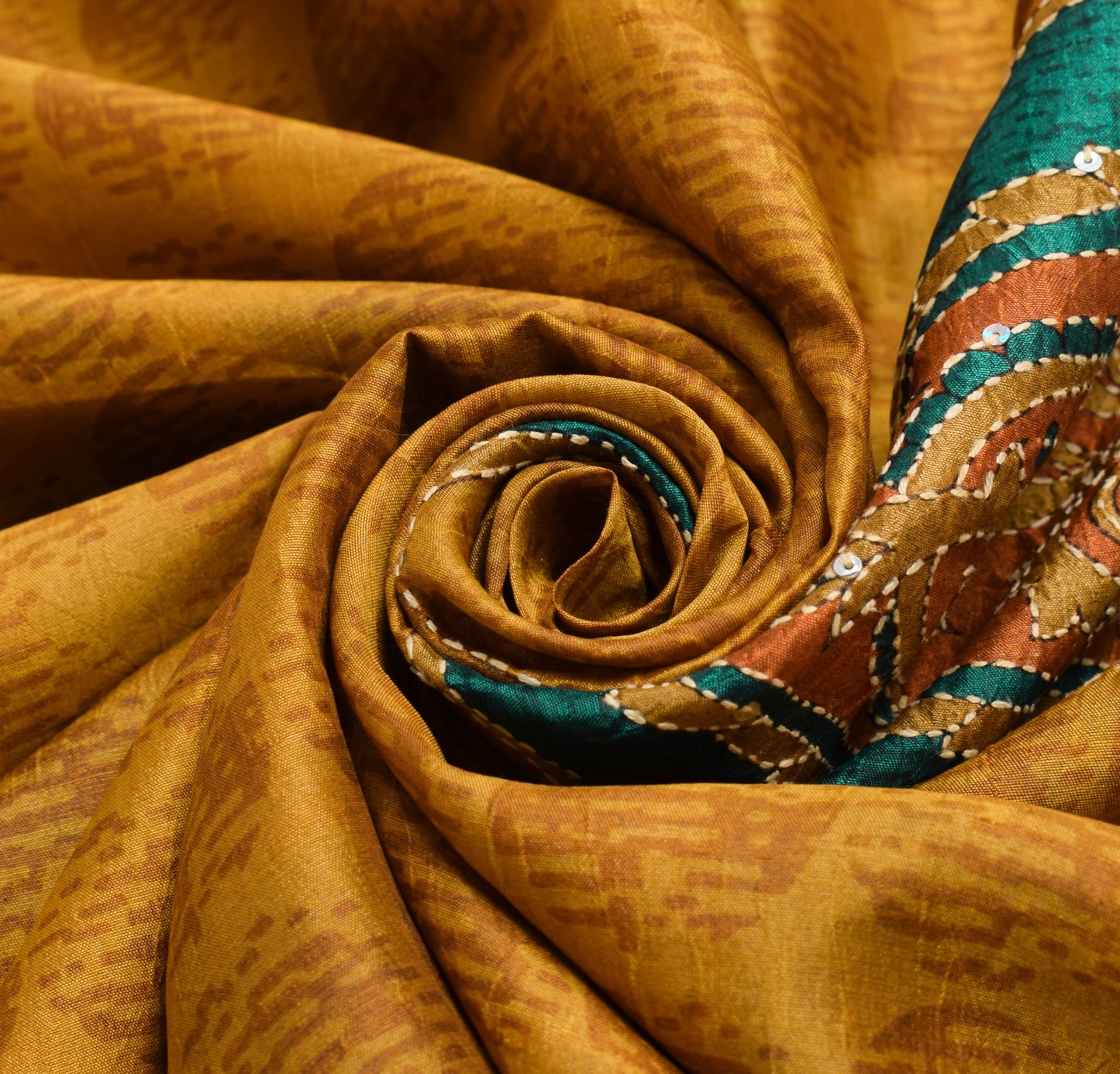 Sushila Vintage Mustard Saree Pure Silk Hand Embroidered Kantha Work Sari Fabric
