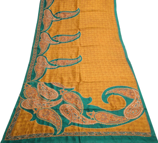 Sushila Vintage Mustard Saree Pure Silk Hand Embroidered Kantha Work Sari Fabric