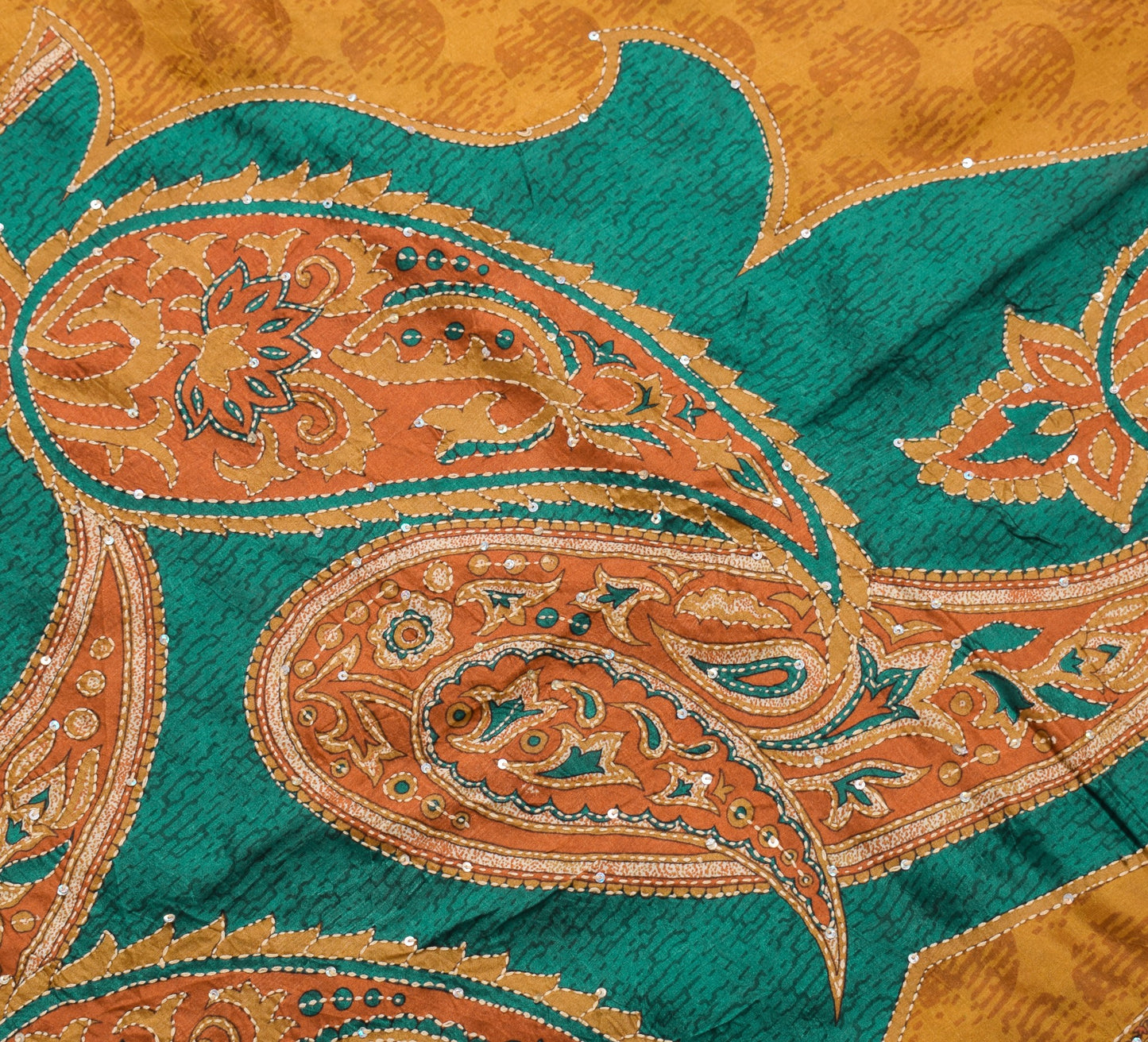 Sushila Vintage Mustard Saree Pure Silk Hand Embroidered Kantha Work Sari Fabric