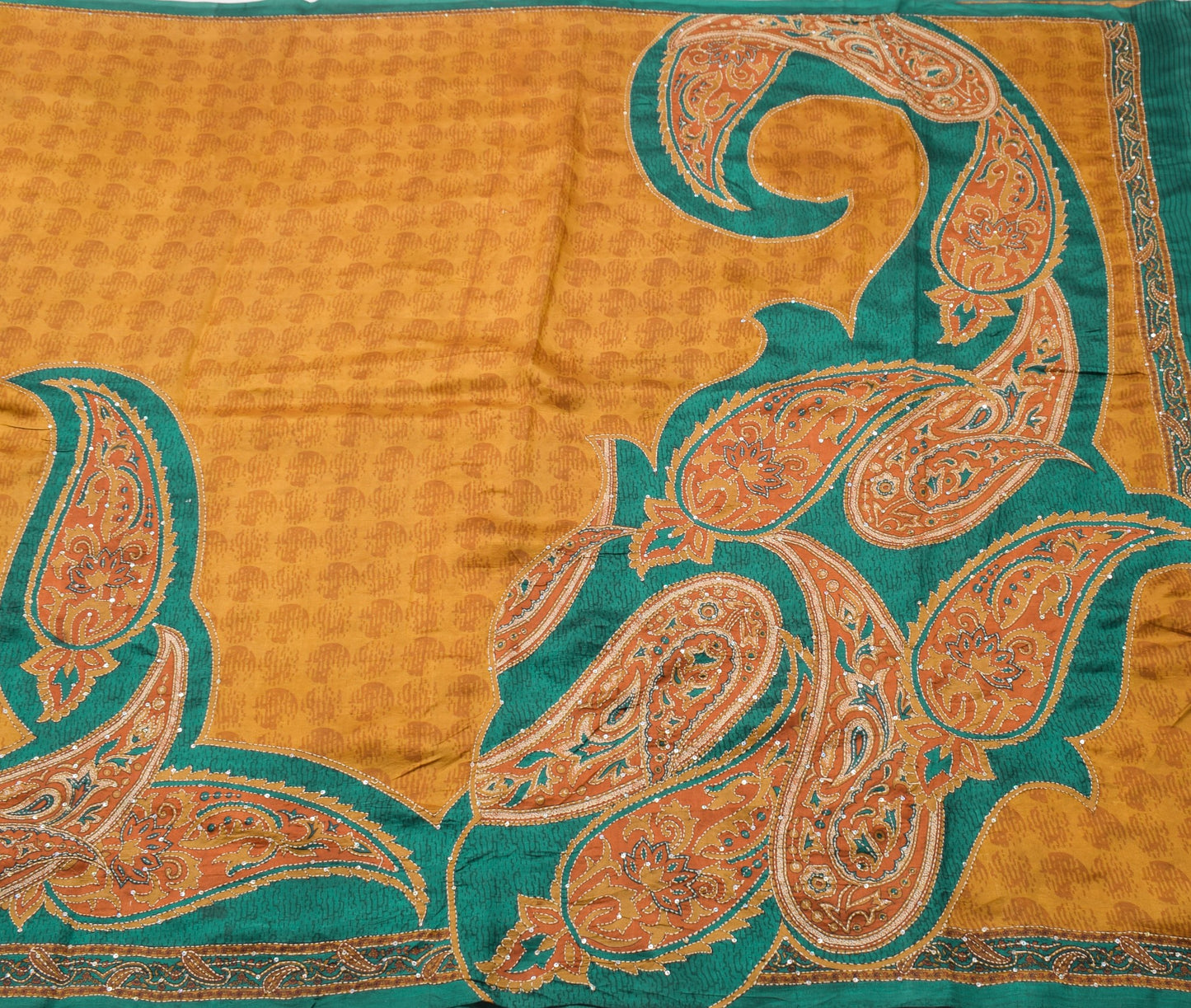 Sushila Vintage Mustard Saree Pure Silk Hand Embroidered Kantha Work Sari Fabric