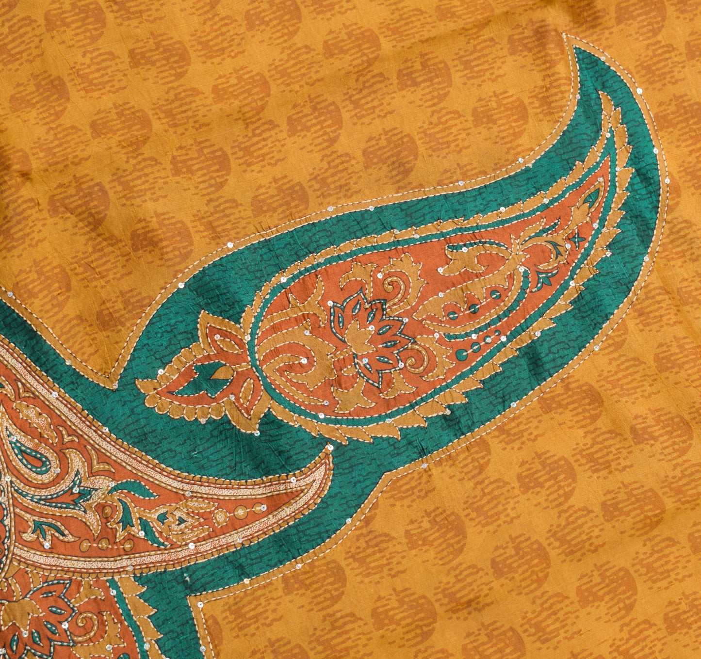 Sushila Vintage Mustard Saree Pure Silk Hand Embroidered Kantha Work Sari Fabric