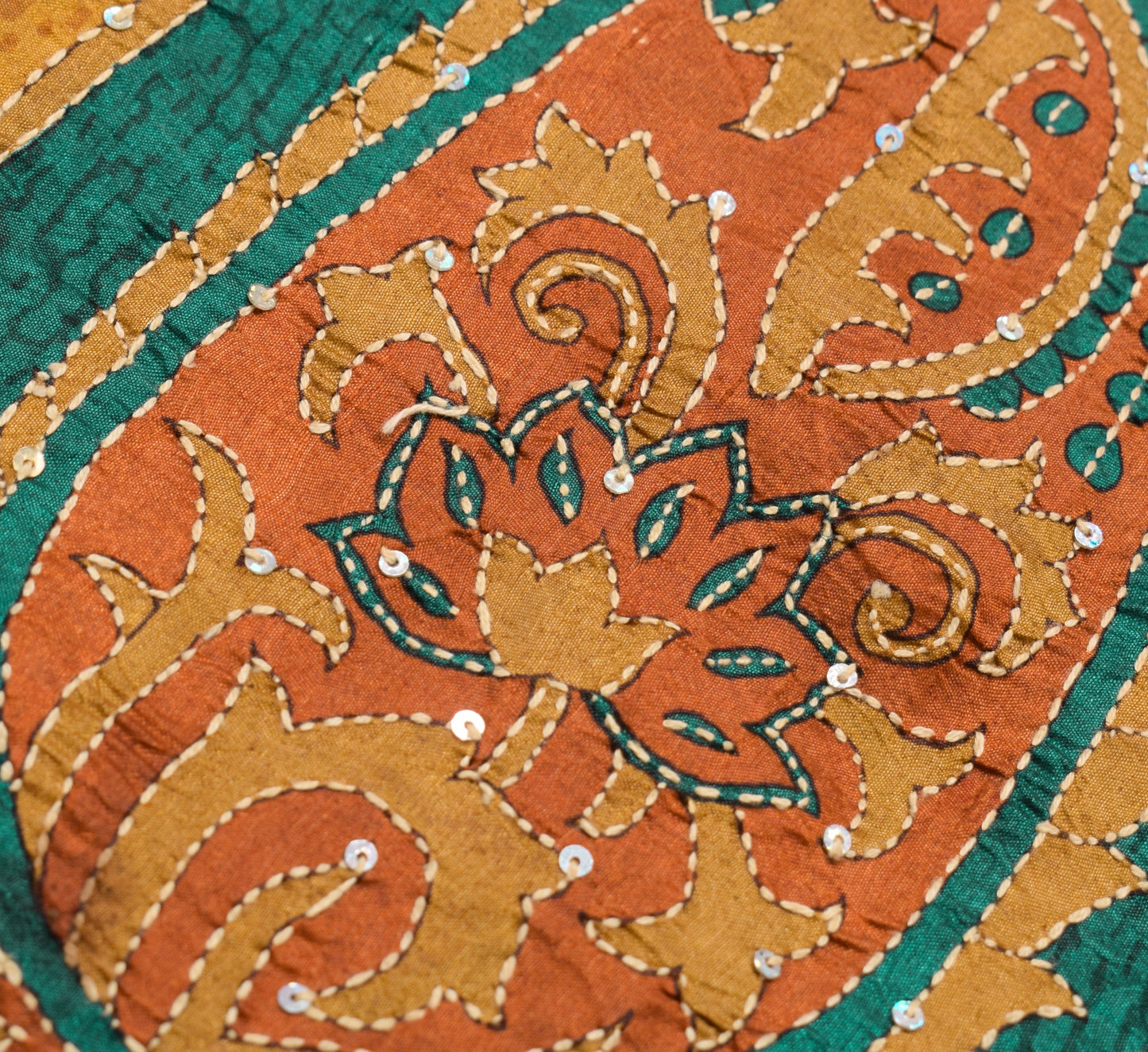 Sushila Vintage Mustard Saree Pure Silk Hand Embroidered Kantha Work Sari Fabric