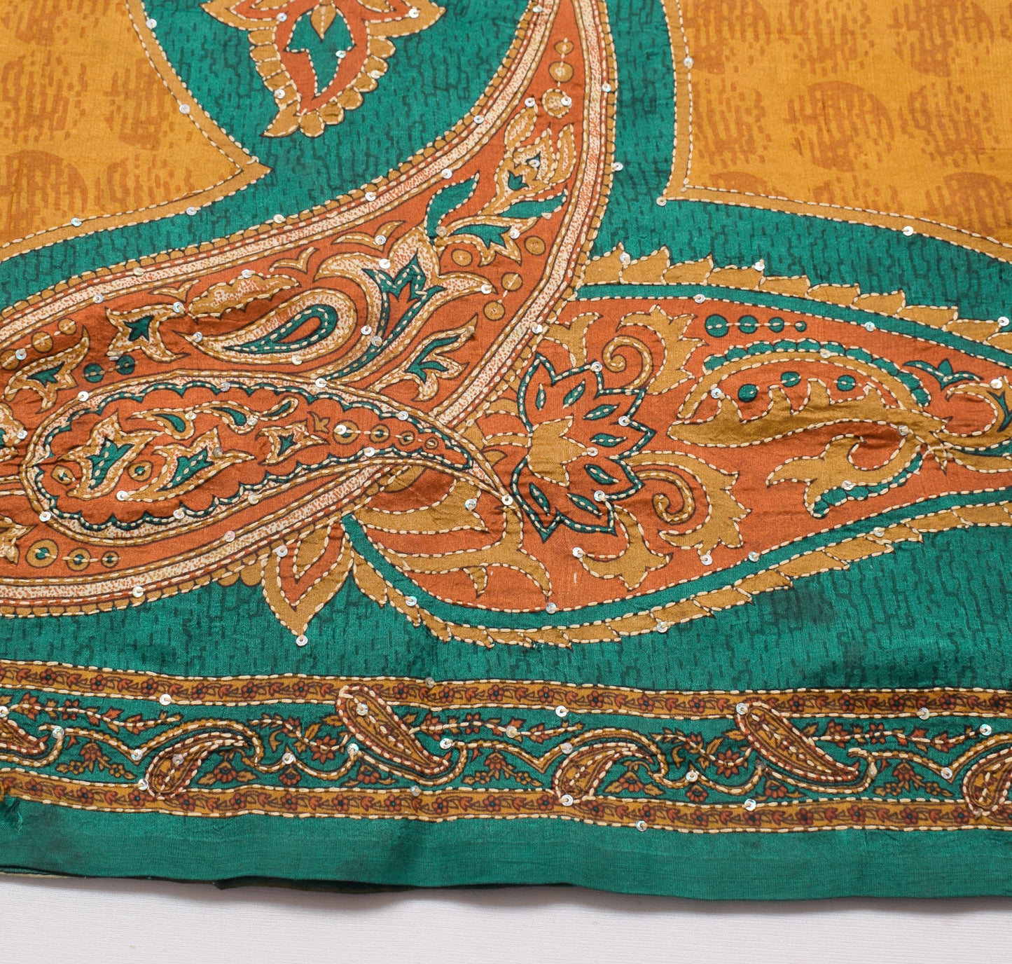 Sushila Vintage Mustard Saree Pure Silk Hand Embroidered Kantha Work Sari Fabric