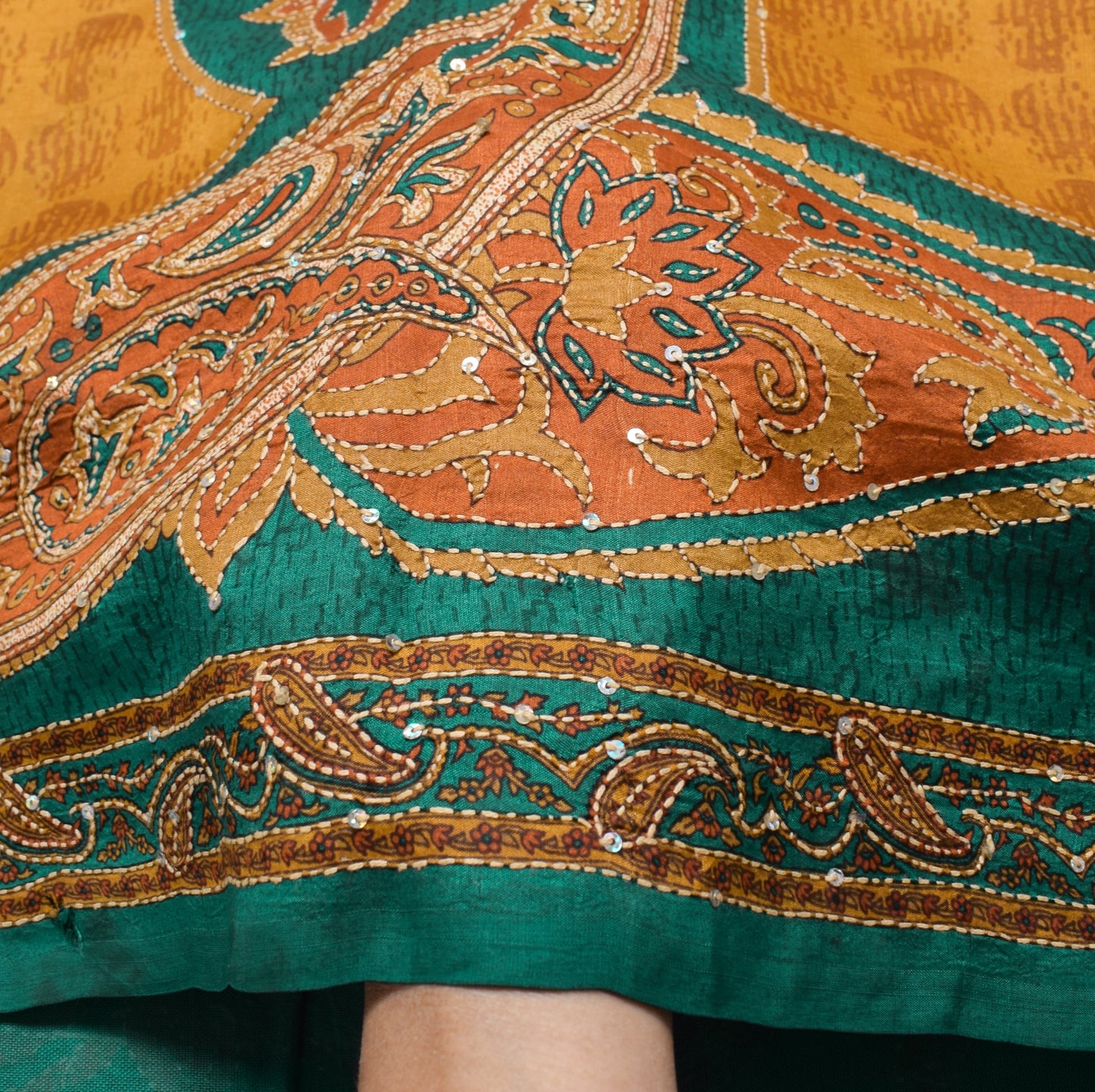Sushila Vintage Mustard Saree Pure Silk Hand Embroidered Kantha Work Sari Fabric