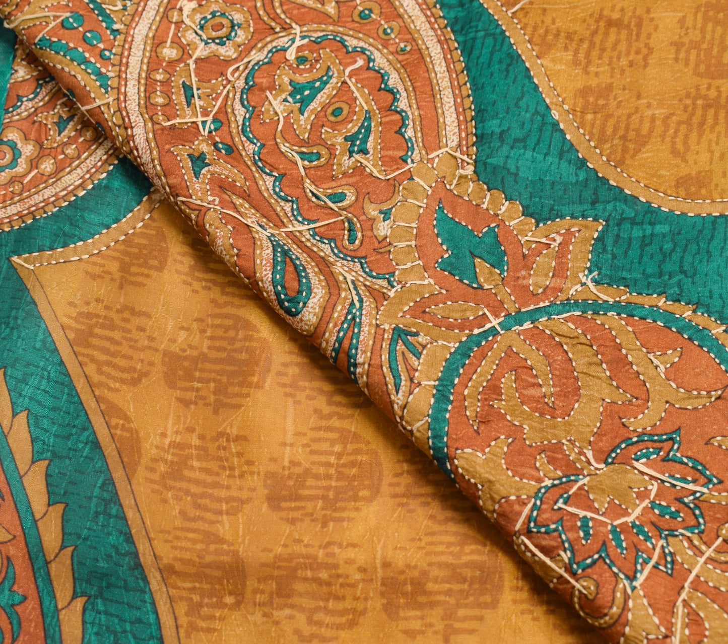 Sushila Vintage Mustard Saree Pure Silk Hand Embroidered Kantha Work Sari Fabric