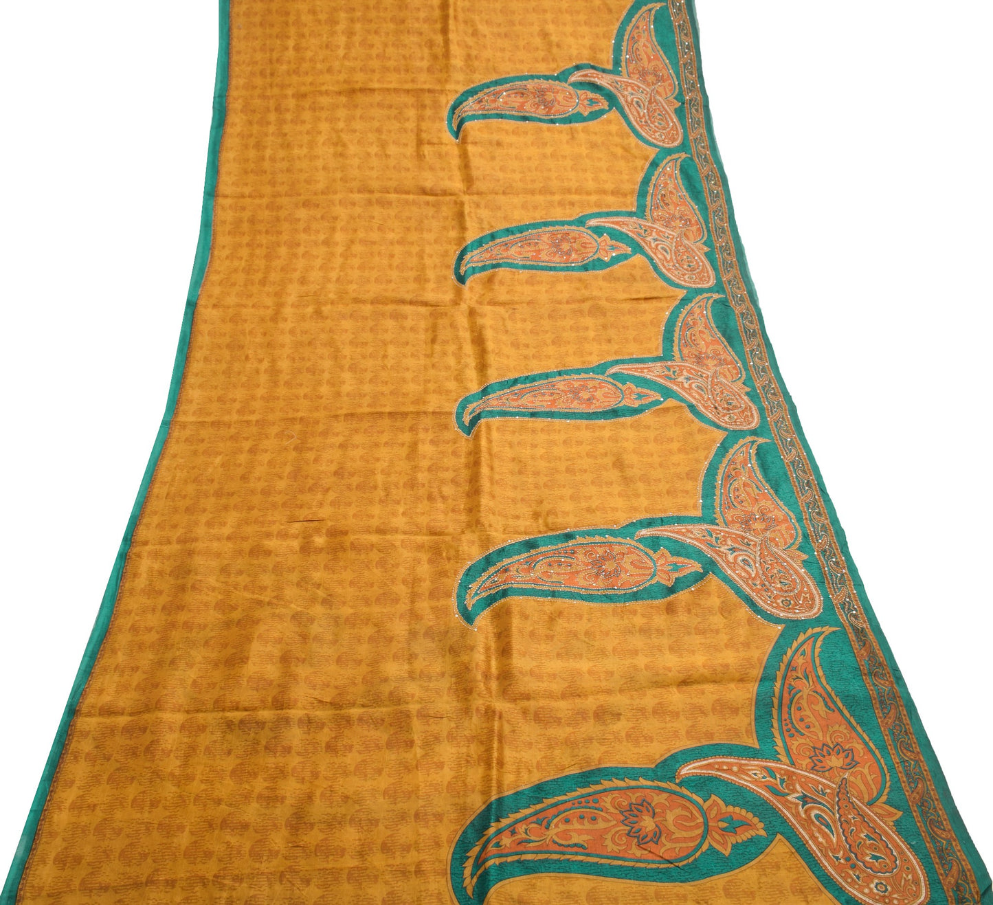 Sushila Vintage Mustard Saree Pure Silk Hand Embroidered Kantha Work Sari Fabric
