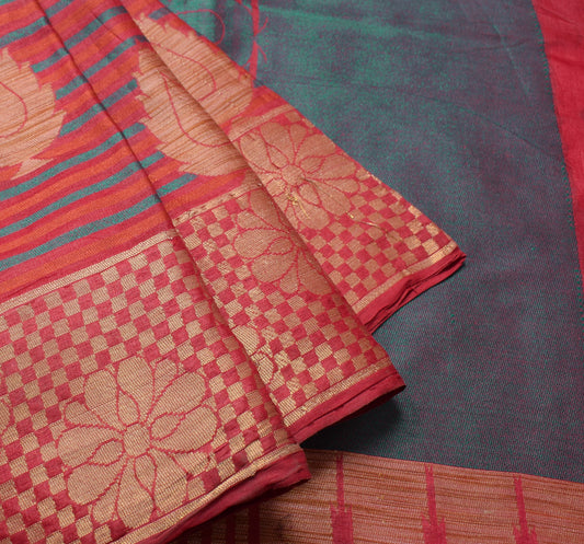 Sushila Vintage Maroon Green Saree Pure Tussar silk All over Woven Sari Fabric