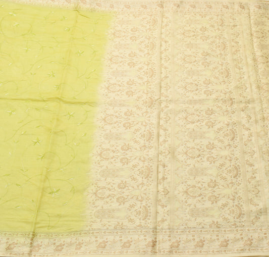 Sushila Vintage Green Floral Saree Pure Tussar Silk Woven Embroidery Sari Fabric