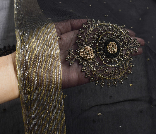Sushila Vintage Black Saree Pure Chiffon Silk Floral Sequins Work Sari Fabric
