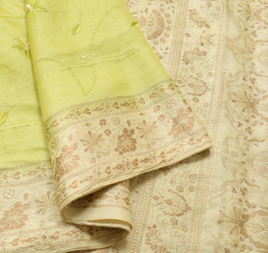 Sushila Vintage Green Floral Saree Pure Tussar Silk Woven Embroidery Sari Fabric