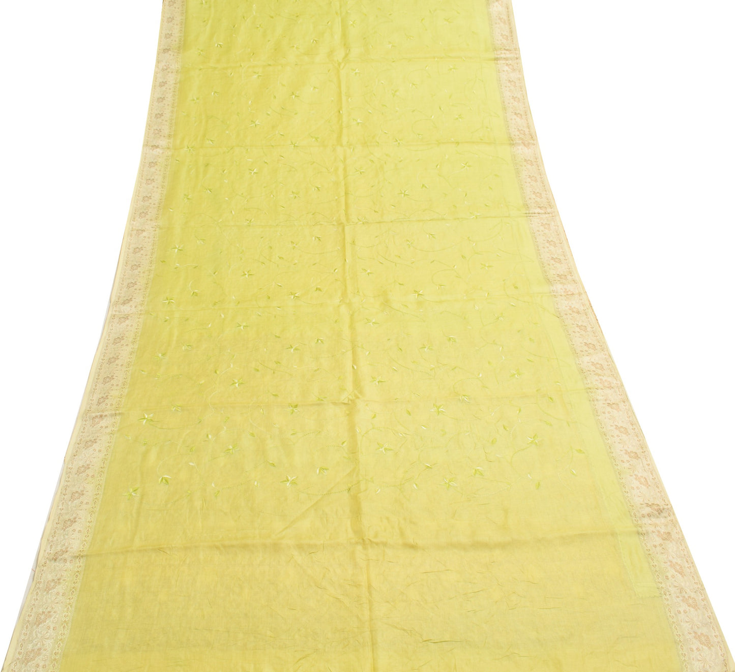 Sushila Vintage Green Floral Saree Pure Tussar Silk Woven Embroidery Sari Fabric