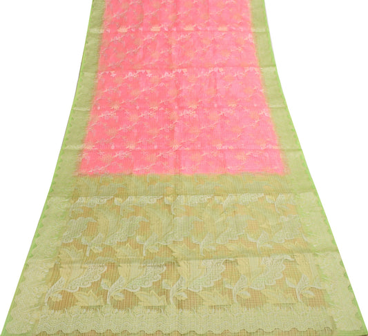 Sushila Vintage pink & Green Saree 100% Pure Silk Flora Woven Indian Sari Fabric