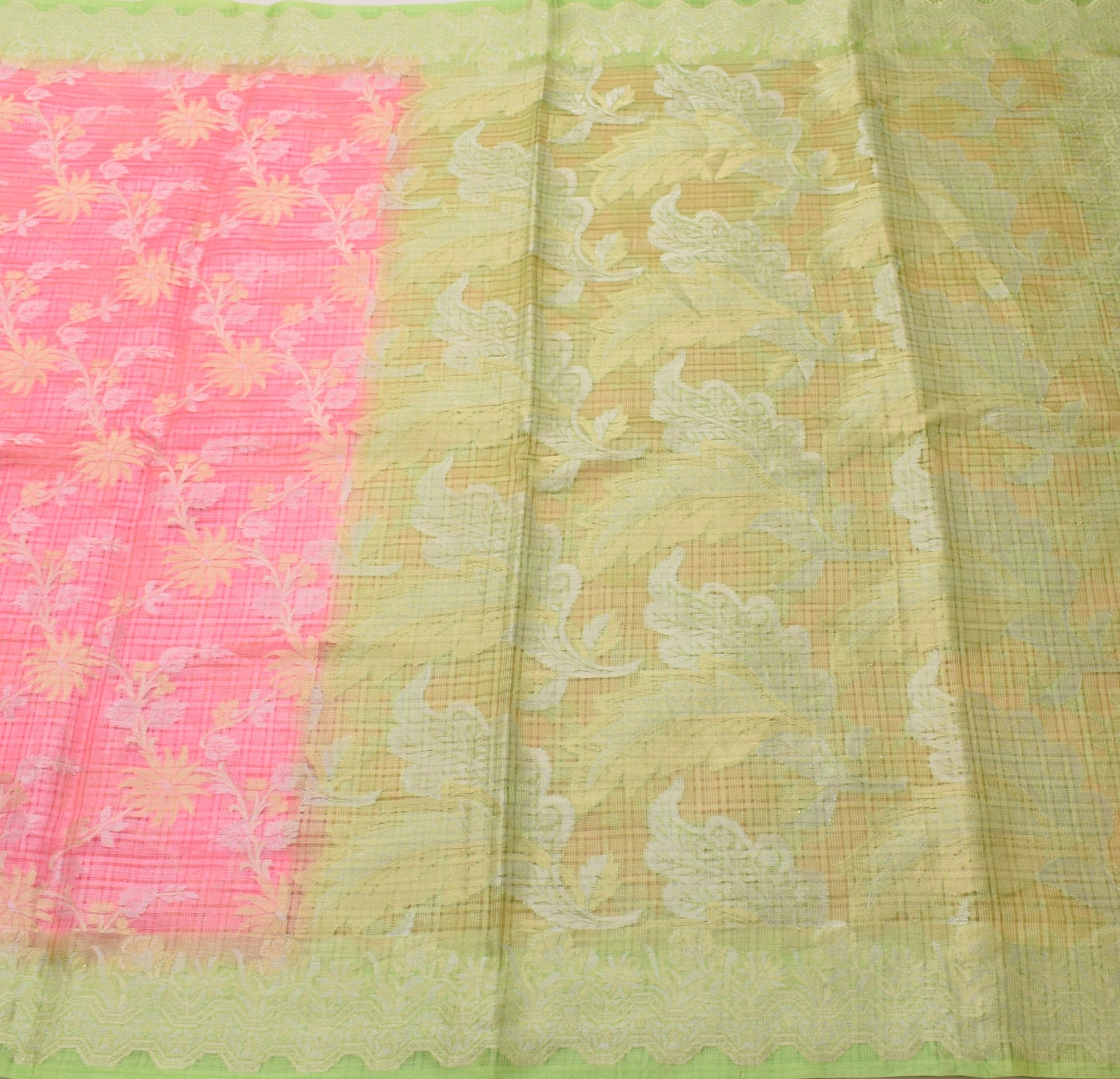 Sushila Vintage pink & Green Saree 100% Pure Silk Flora Woven Indian Sari Fabric