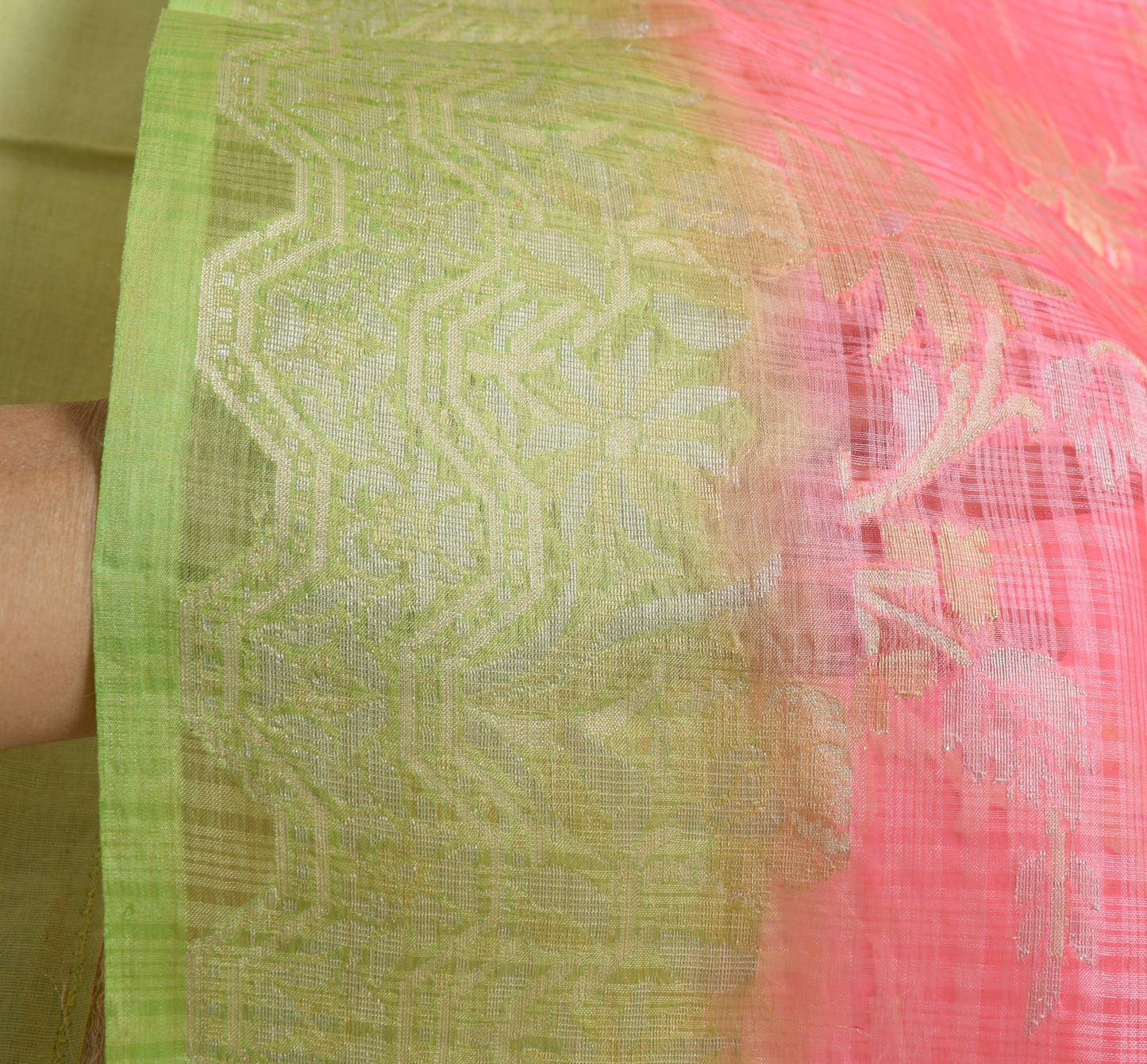 Sushila Vintage pink & Green Saree 100% Pure Silk Flora Woven Indian Sari Fabric