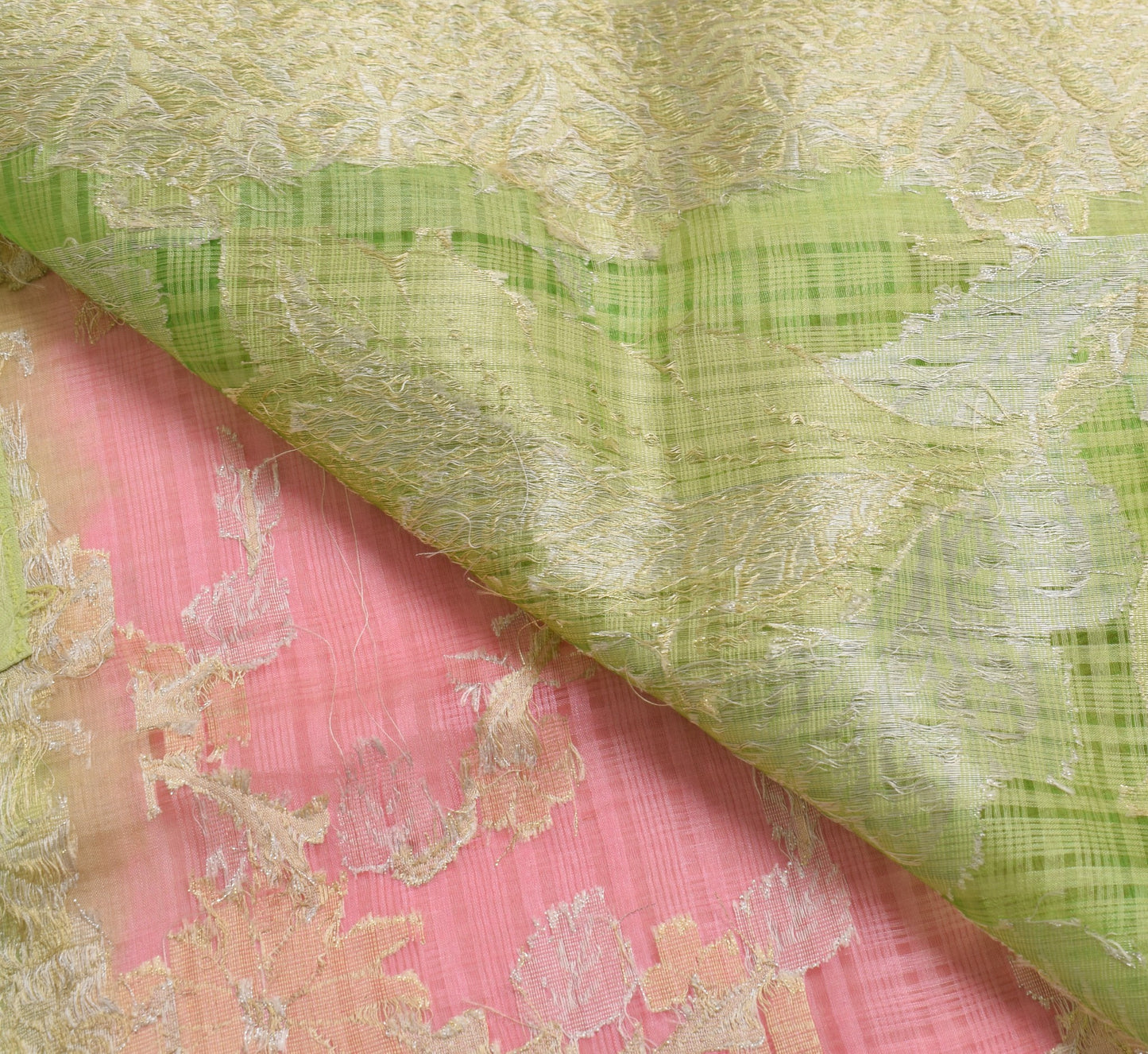 Sushila Vintage pink & Green Saree 100% Pure Silk Flora Woven Indian Sari Fabric