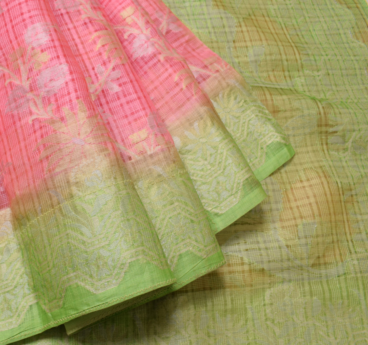 Sushila Vintage pink & Green Saree 100% Pure Silk Flora Woven Indian Sari Fabric