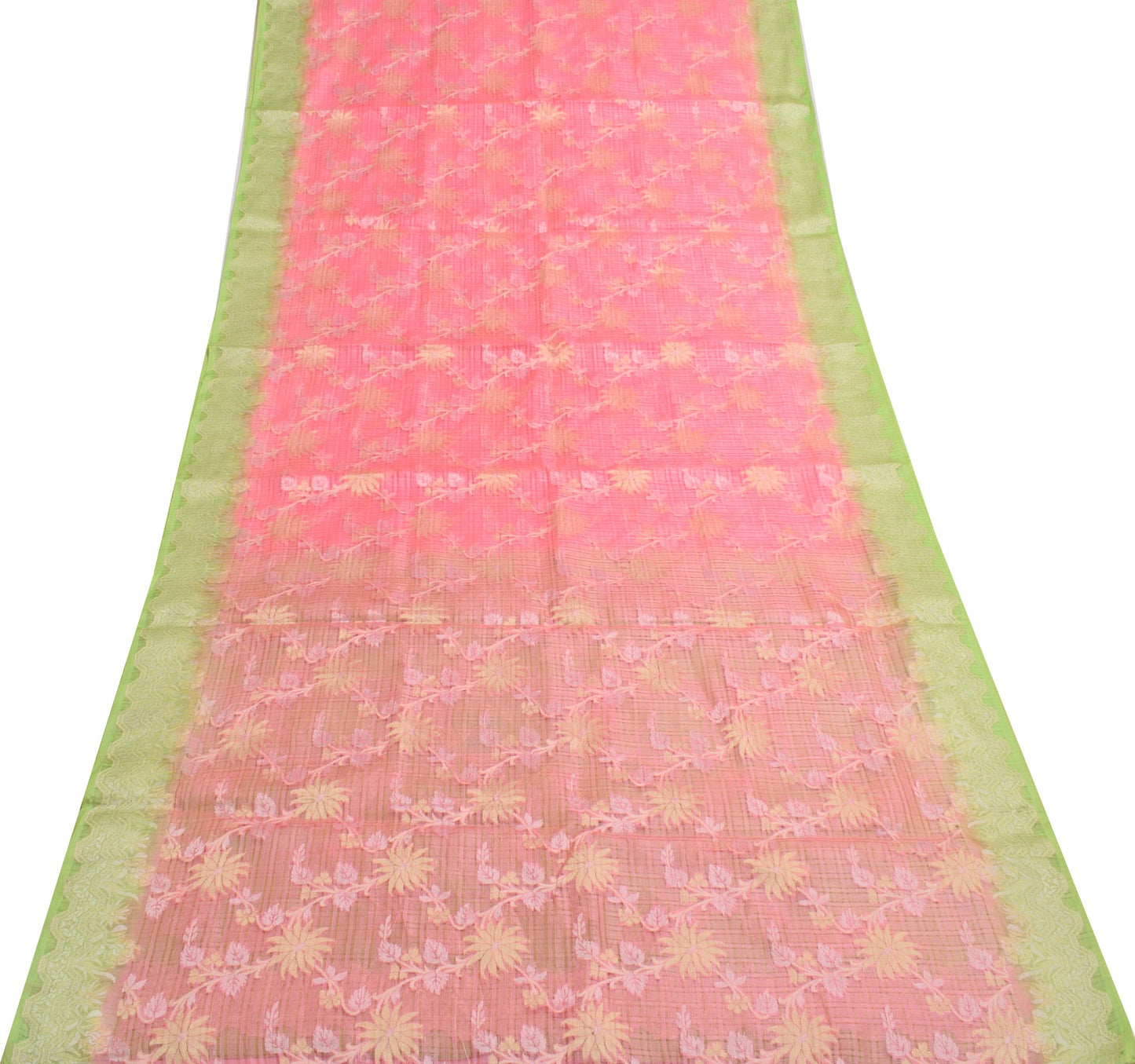 Sushila Vintage pink & Green Saree 100% Pure Silk Flora Woven Indian Sari Fabric