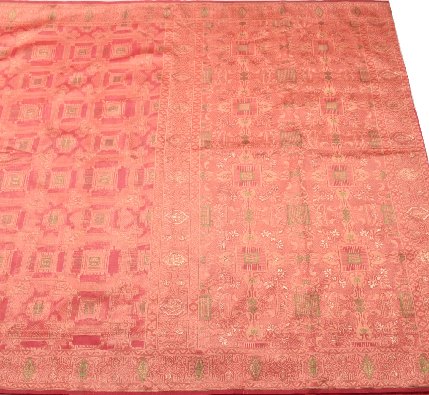 Sushila Vintage 100% Pure Silk Saree All Over Woven Geometrical 5YD Sari Fabric