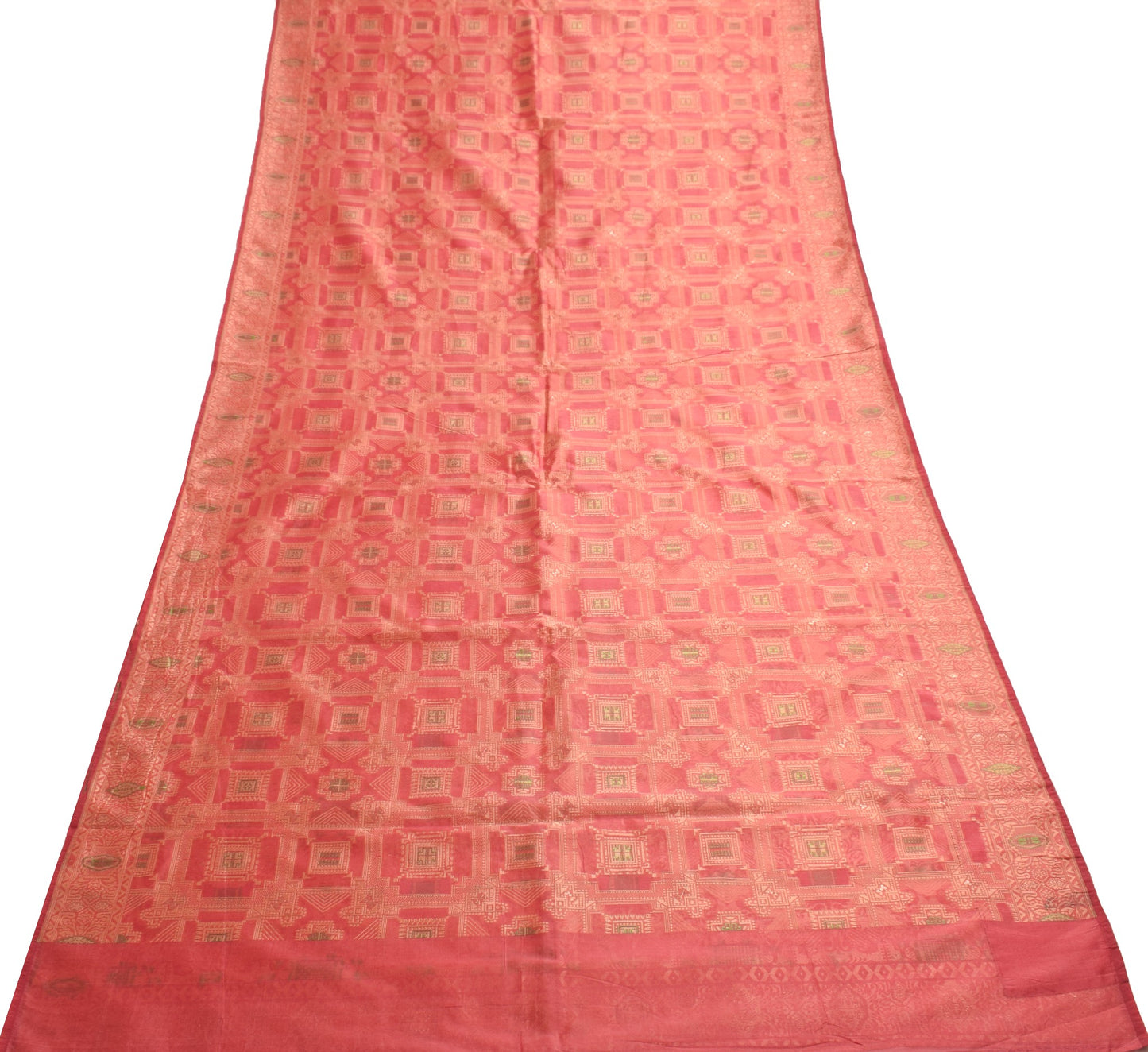 Sushila Vintage 100% Pure Silk Saree All Over Woven Geometrical 5YD Sari Fabric