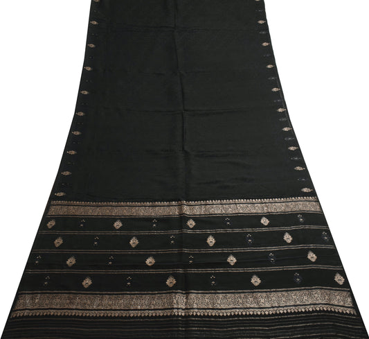 Sushila Vintage Black Saree 100%Pure Silk All Over Woven Floral Soft Sari Fabric