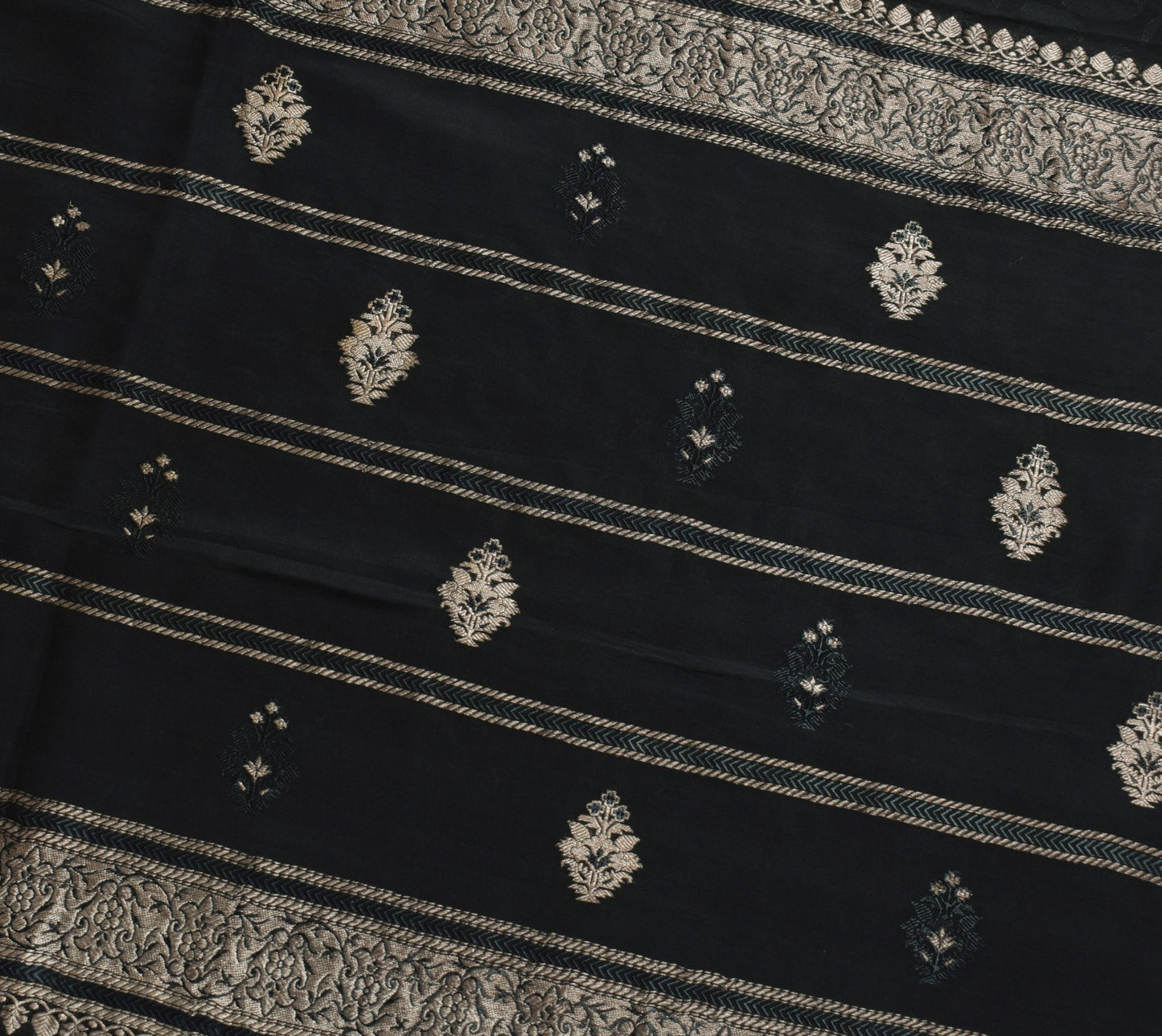Sushila Vintage Black Saree 100%Pure Silk All Over Woven Floral Soft Sari Fabric