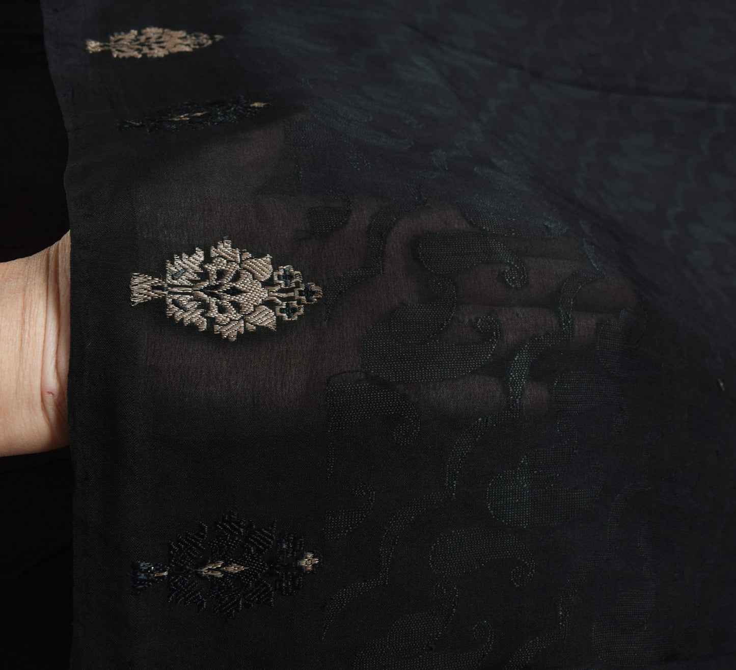 Sushila Vintage Black Saree 100%Pure Silk All Over Woven Floral Soft Sari Fabric