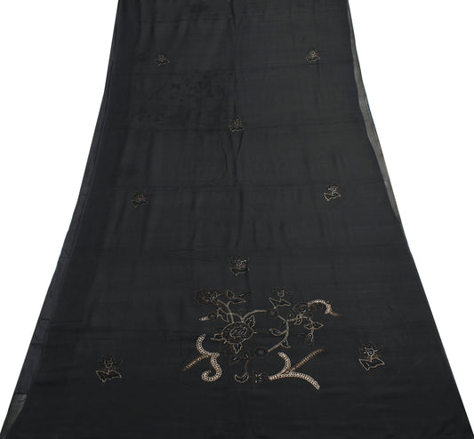 Sushila Vintage Black Saree Embroidered 100% Pure Georgette Silk 5YD Sari Fabric