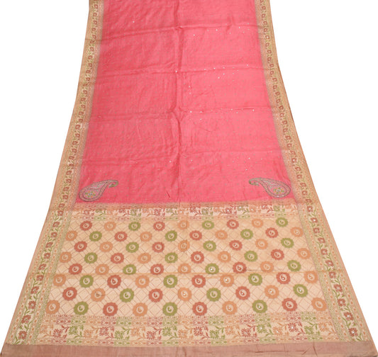 Sushila Vintage Pink Saree 100% Pure Tussar Silk Woven Mirror Work Sari Fabric
