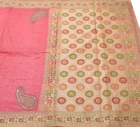 Sushila Vintage Pink Saree 100% Pure Tussar Silk Woven Mirror Work Sari Fabric