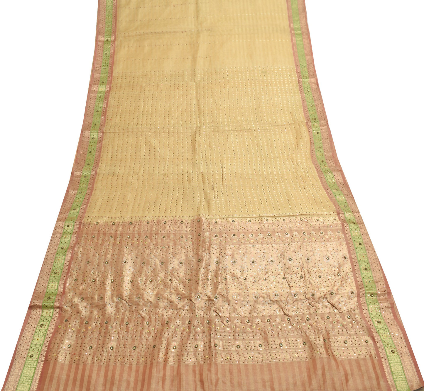 Sushila Vintage Beige Heavy Saree Pure Tissue Silk Sequins Beaded Sari Fabric