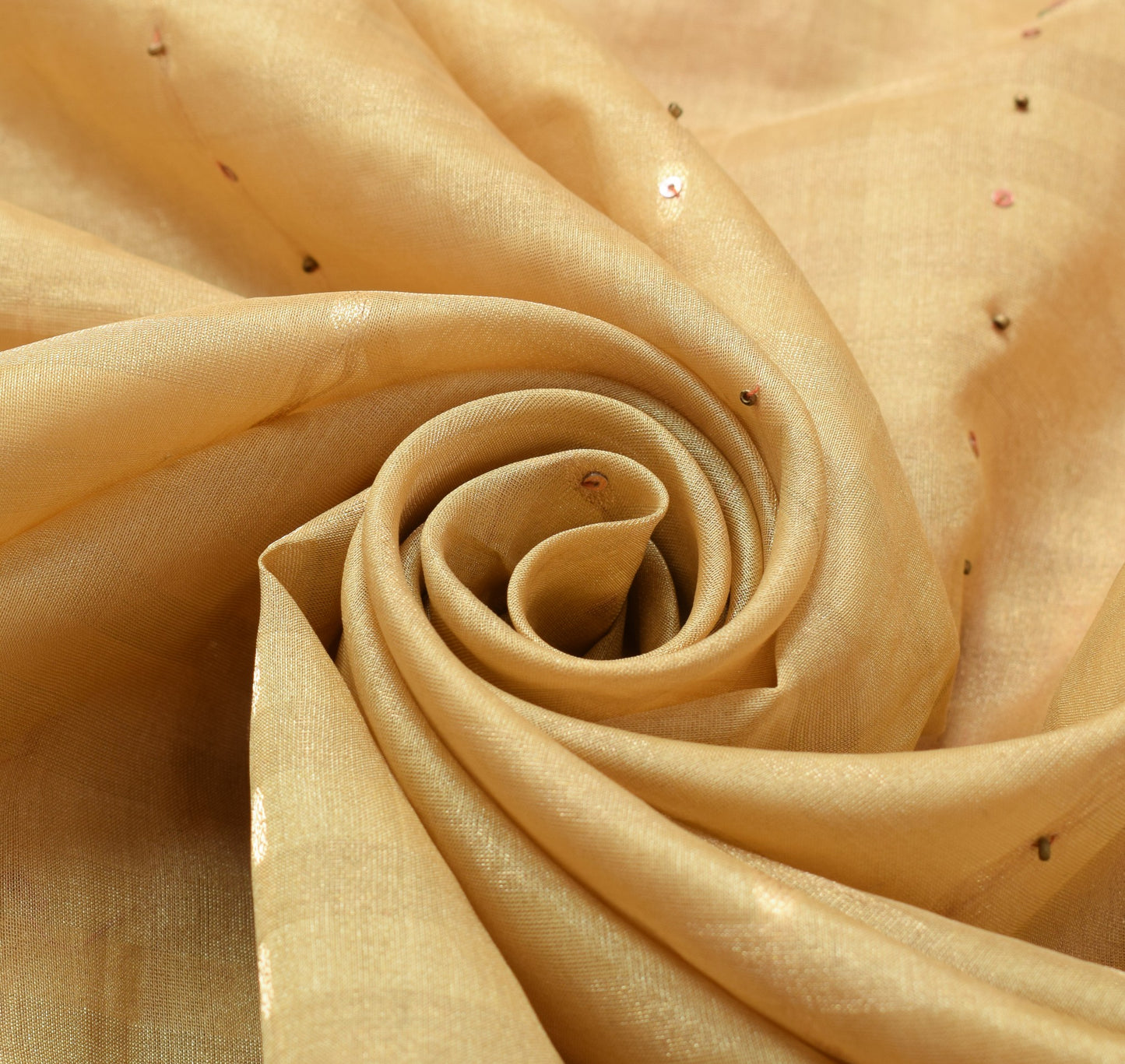 Sushila Vintage Beige Heavy Saree Pure Tissue Silk Sequins Beaded Sari Fabric