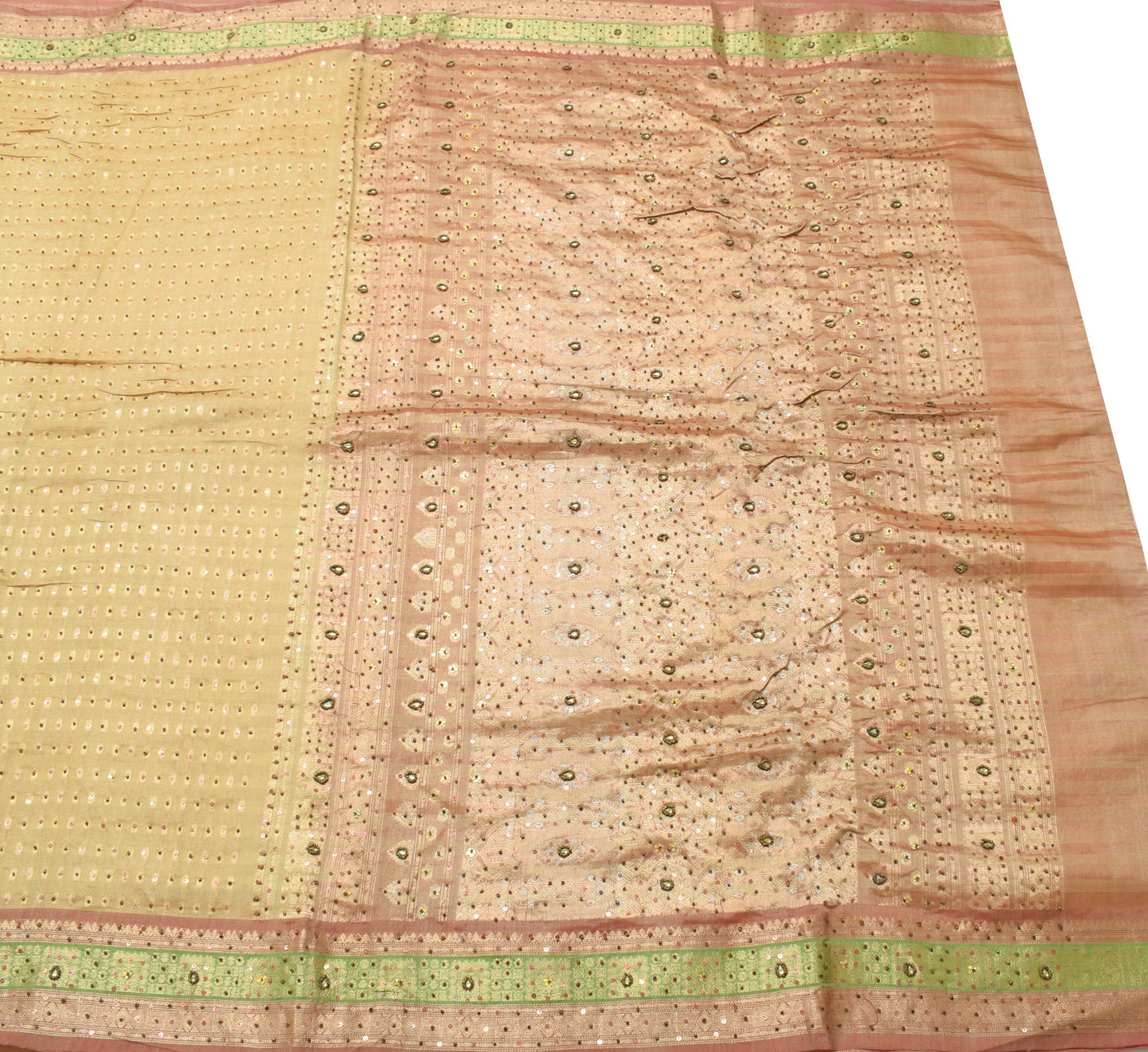 Sushila Vintage Beige Heavy Saree Pure Tissue Silk Sequins Beaded Sari Fabric
