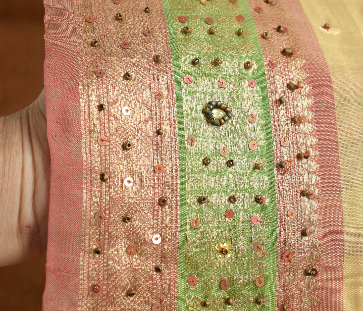 Sushila Vintage Beige Heavy Saree Pure Tissue Silk Sequins Beaded Sari Fabric