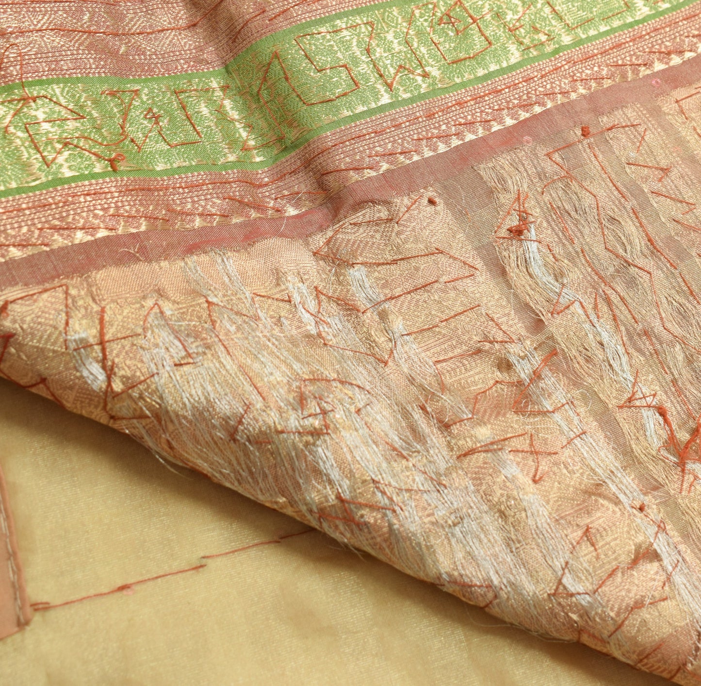 Sushila Vintage Beige Heavy Saree Pure Tissue Silk Sequins Beaded Sari Fabric