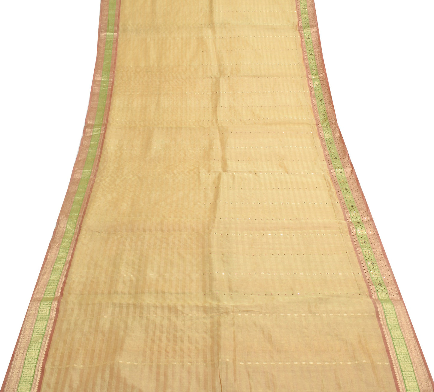 Sushila Vintage Beige Heavy Saree Pure Tissue Silk Sequins Beaded Sari Fabric