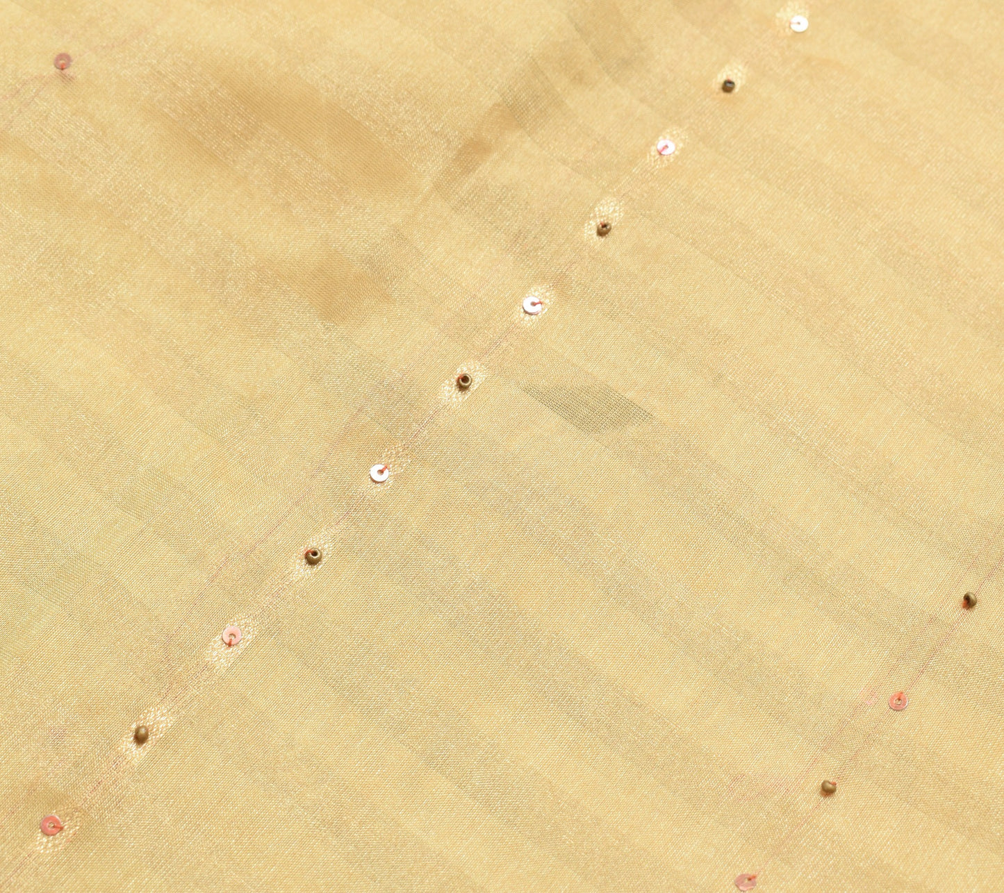 Sushila Vintage Beige Heavy Saree Pure Tissue Silk Sequins Beaded Sari Fabric