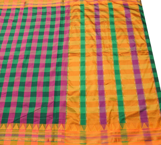 Sushila Vintage Kanchipuram Art Silk Saree Multi-Color Checks Woven Sari Fabric