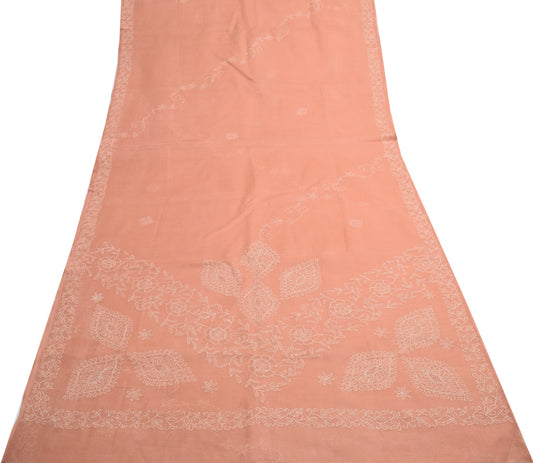 Sushila Vintage Dark Peach Saree Art Cotton Lucknow Chikankari 5YD Sari Fabric