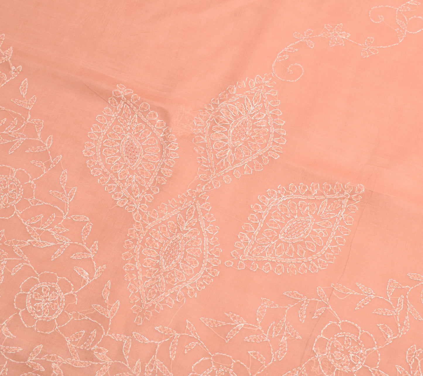 Sushila Vintage Dark Peach Saree Art Cotton Lucknow Chikankari 5YD Sari Fabric
