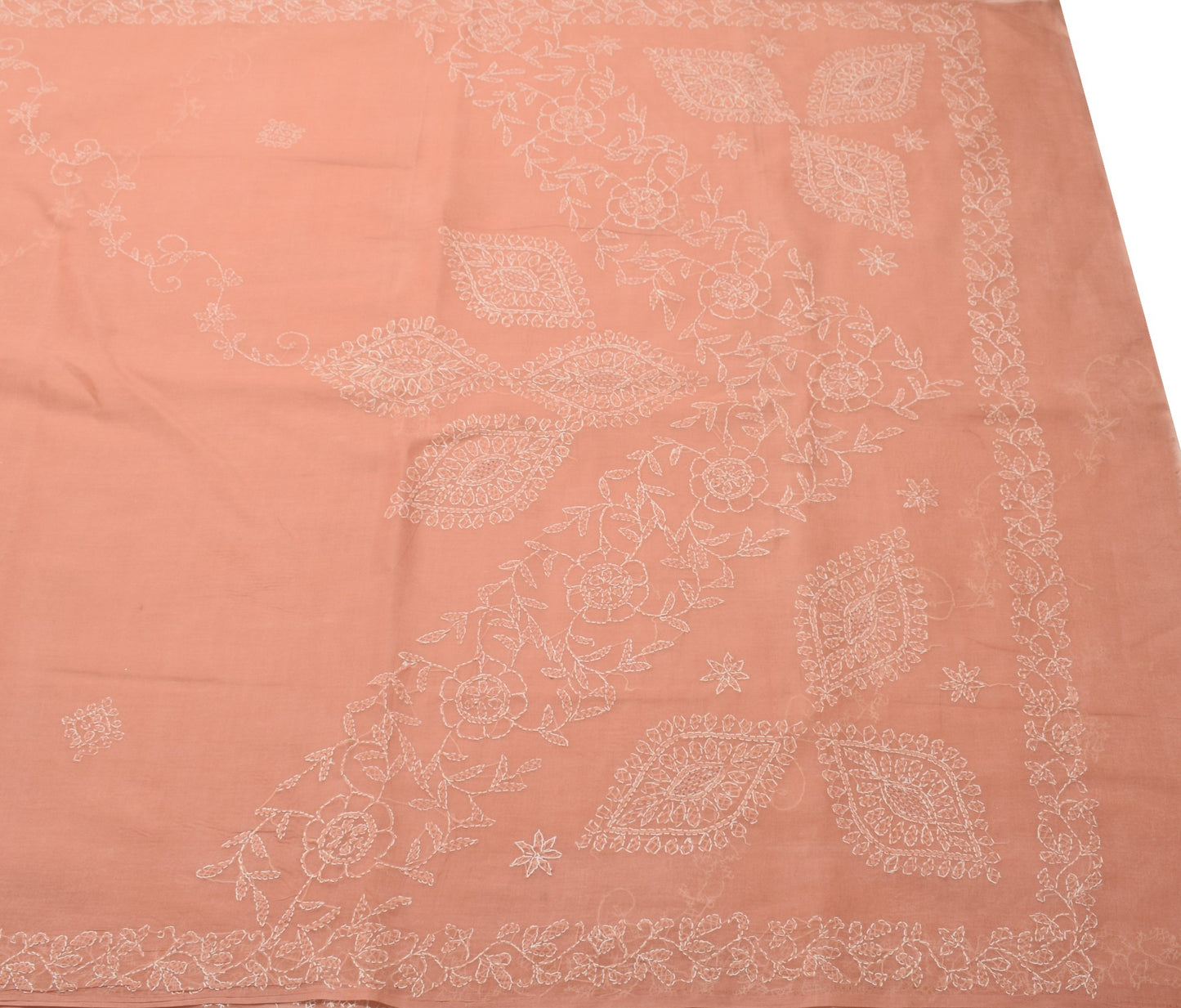Sushila Vintage Dark Peach Saree Art Cotton Lucknow Chikankari 5YD Sari Fabric