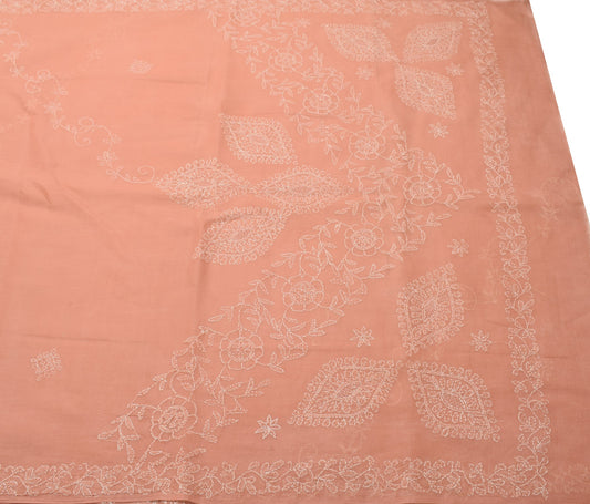 Sushila Vintage Dark Peach Saree Art Cotton Lucknow Chikankari 5YD Sari Fabric