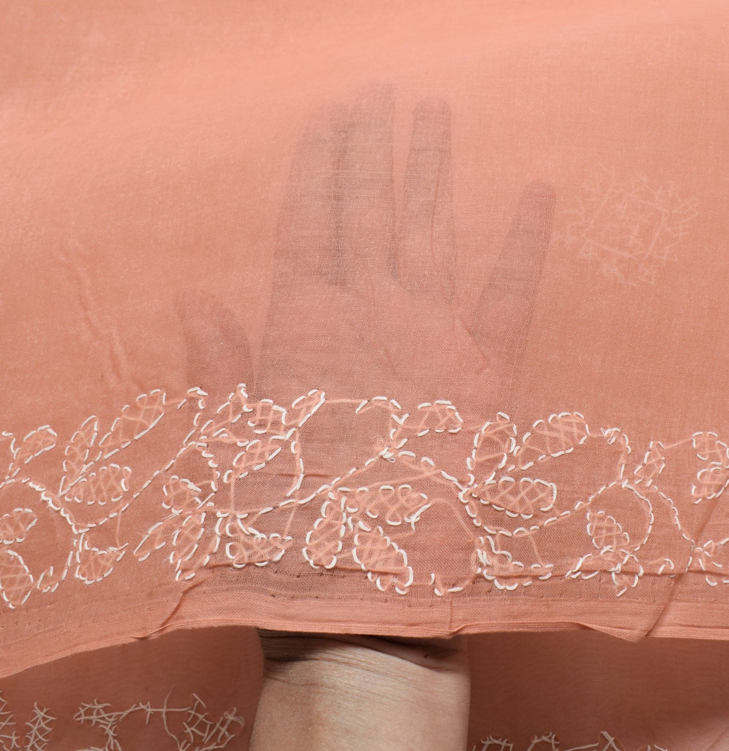 Sushila Vintage Dark Peach Saree Art Cotton Lucknow Chikankari 5YD Sari Fabric