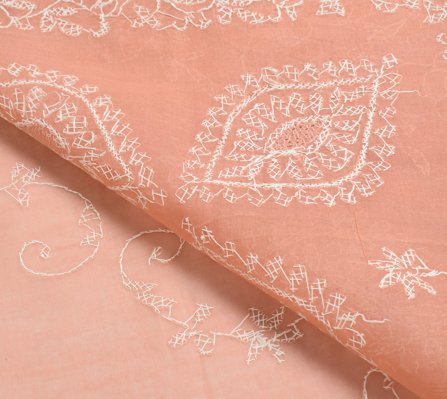 Sushila Vintage Dark Peach Saree Art Cotton Lucknow Chikankari 5YD Sari Fabric