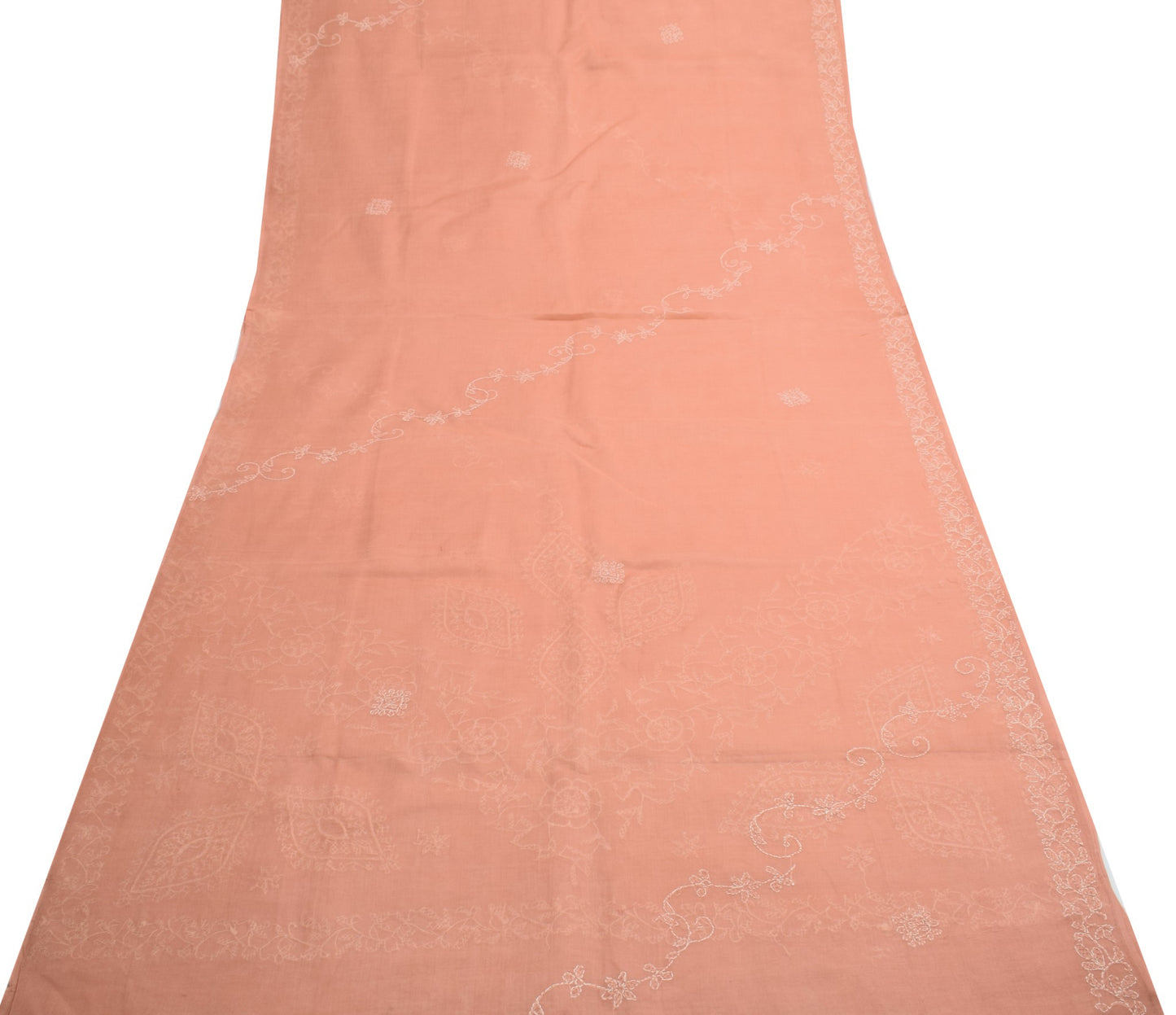 Sushila Vintage Dark Peach Saree Art Cotton Lucknow Chikankari 5YD Sari Fabric