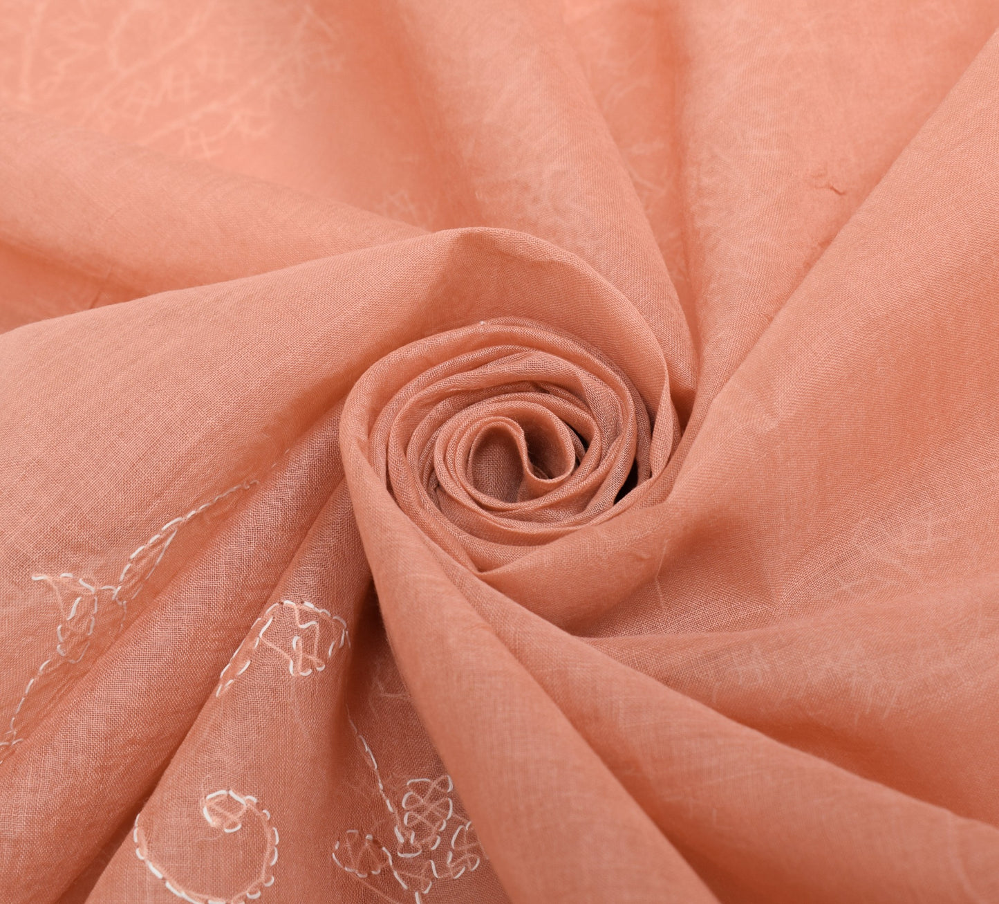Sushila Vintage Dark Peach Saree Art Cotton Lucknow Chikankari 5YD Sari Fabric