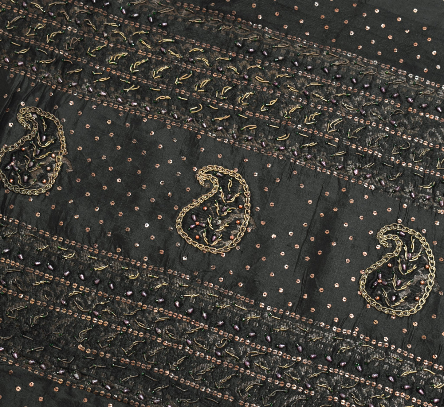 Sushila Vintage Black Saree 100% Pure Silk Hand Beaded Zardozi Soft Sari Fabric