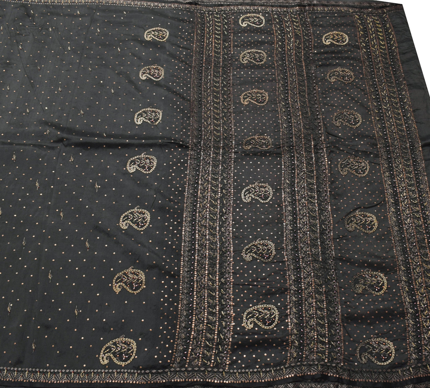 Sushila Vintage Black Saree 100% Pure Silk Hand Beaded Zardozi Soft Sari Fabric