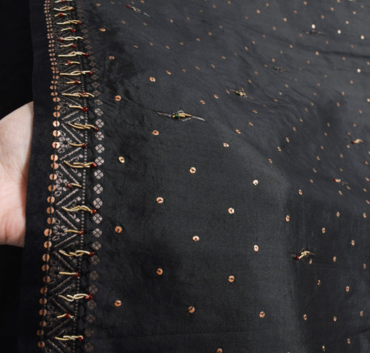 Sushila Vintage Black Saree 100% Pure Silk Hand Beaded Zardozi Soft Sari Fabric