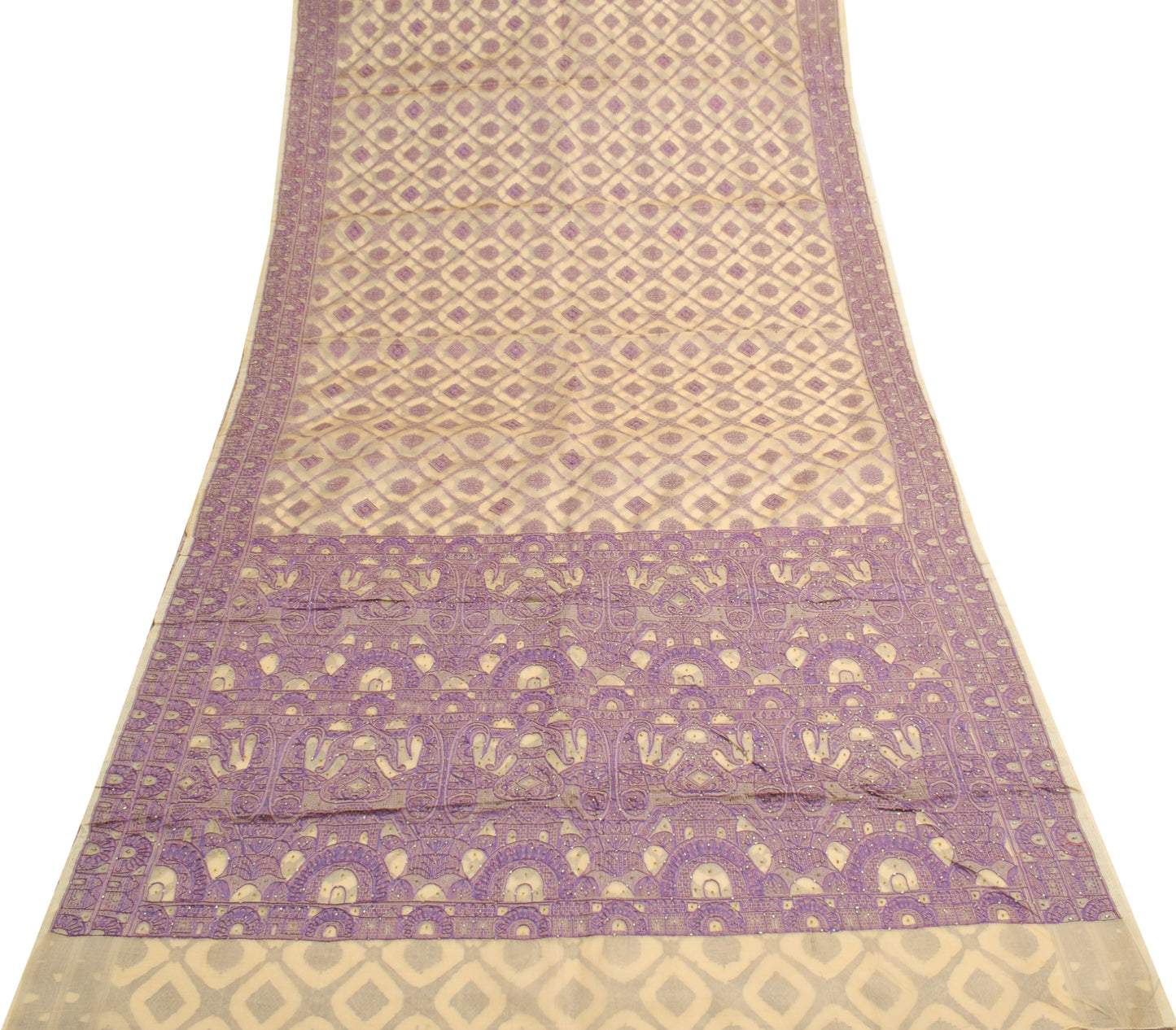 Sushila Vintage Cream Saree All Over Woven Pure Organza Silk Indian Sari Fabric