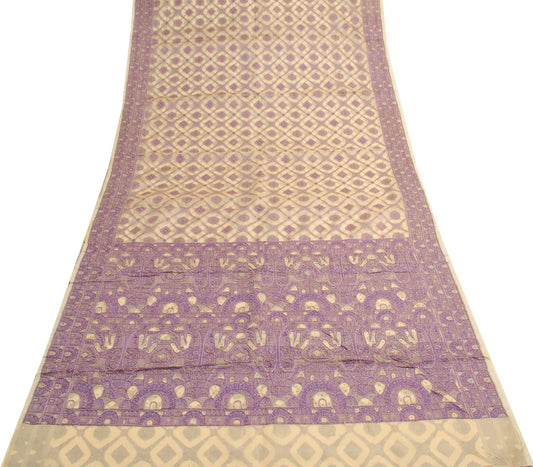 Sushila Vintage Cream Saree All Over Woven Pure Organza Silk Indian Sari Fabric